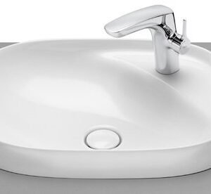 Roca Beyond Fineceramic In Counter Top Basin with Tap Hole, Universal Waste Coupling with Ceramic Plug 72 mm, Size: 585x450x160 mm, White