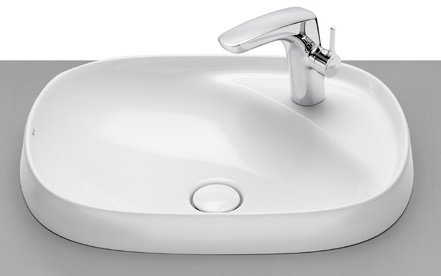 Roca Beyond Fineceramic In Counter Top Basin with Tap Hole, Universal Waste Coupling with Ceramic Plug 72 mm, Size: 585x450x160 mm, White
