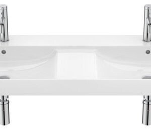 Roca Ona Double Bowl Fineceramic Wall Hung Basin with Fixing Accessories, Size: 1200x460x160 Mm, Supraglaze, White