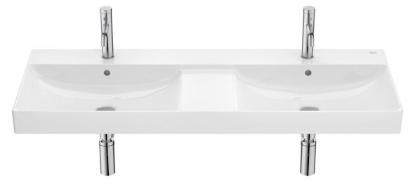 Roca Ona Double Bowl Fineceramic Wall Hung Basin with Fixing Accessories, Size: 1200x460x160 Mm, Supraglaze, White