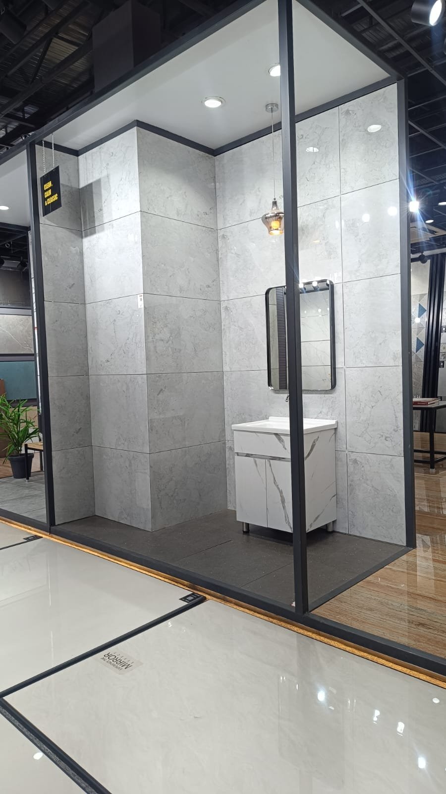 Clean grey marble tile vanity vignette