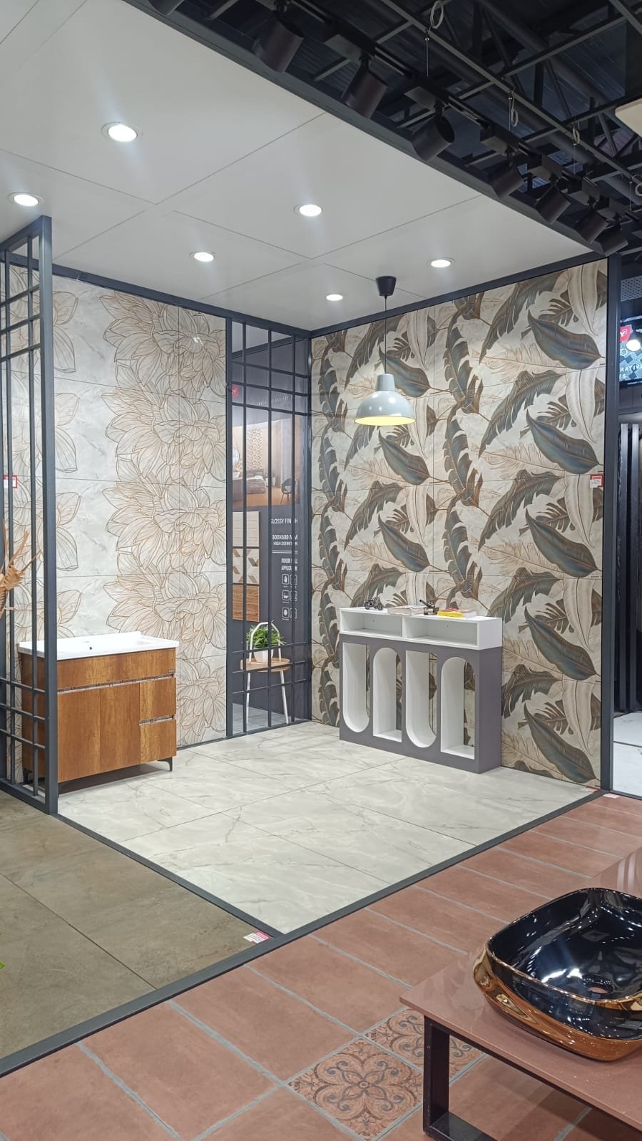 Designer floral pattern tile display room