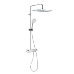 Roca Flow-T Thermostatic Shower Column with Round 280 mm Shower Head, Hidden Spout and Round 130 mm Hand Shower Set with 3 Function, 3 Way, Chrome